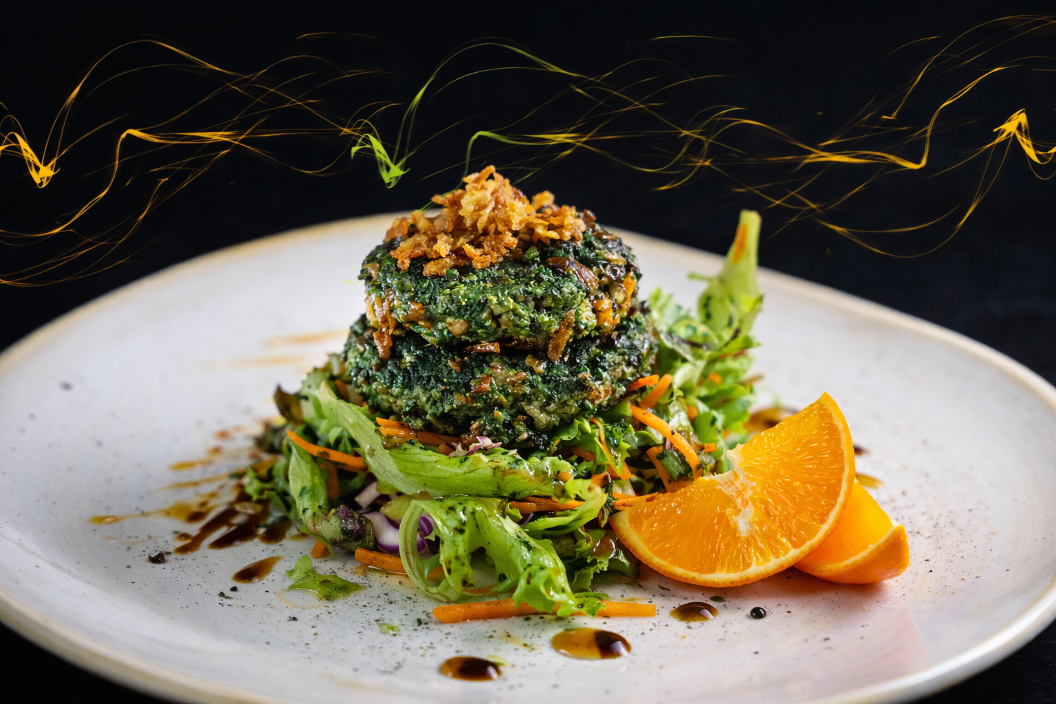 Hamburguesa vegetariana de espirulina servida con ensalada fresca y naranja.