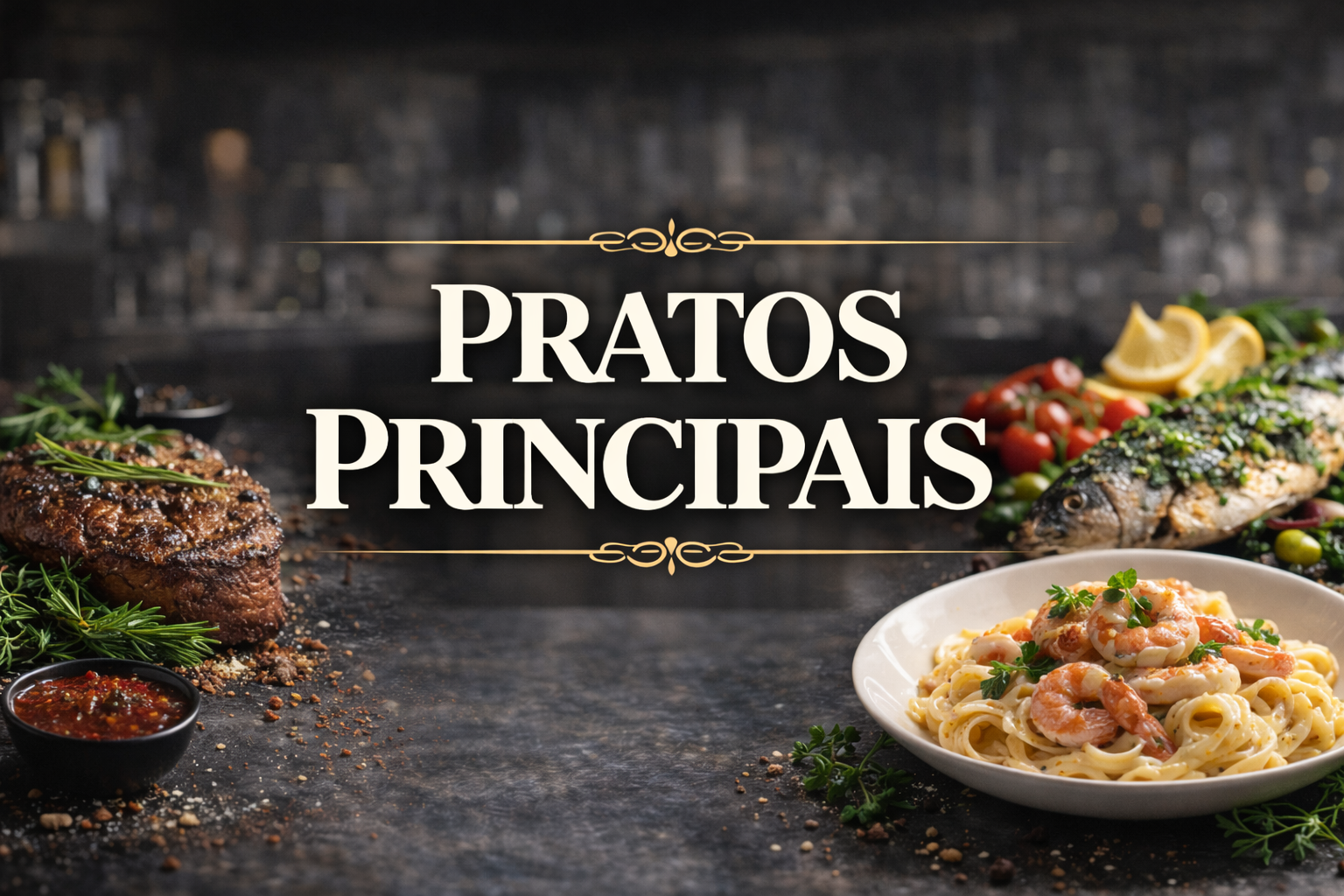 La imagen muestra un fondo oscuro de cocina con una variedad de platos emplatados, entre los que se incluyen carne a la parrilla adornada con hierbas, un pescado entero cubierto con hierbas y rodajas de limón, y un plato de pasta con gambas adornado con hierbas. Las palabras «Pratos Principais» (Platos principales).