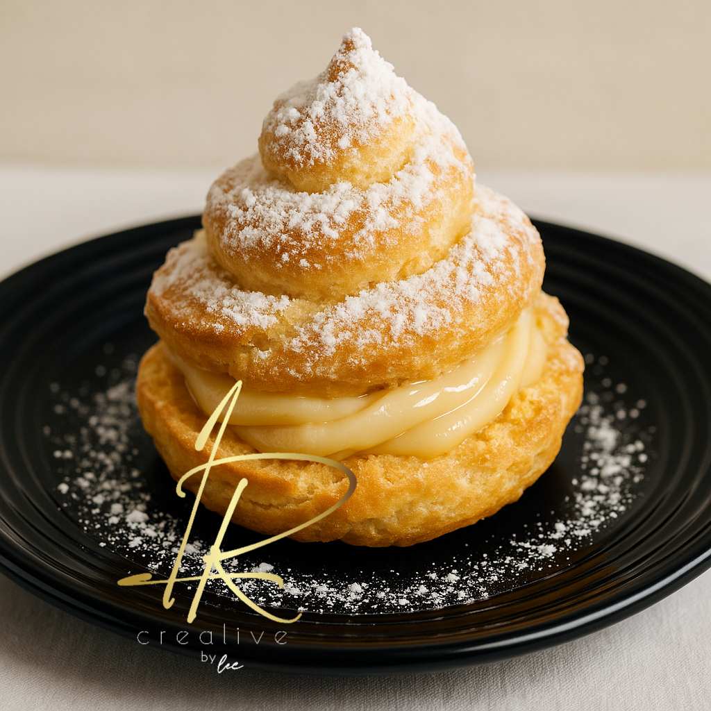 Paris-Brest clásico francés con masa choux y crema de vainilla Bourbon, postre gourmet creado por un chef profesional.