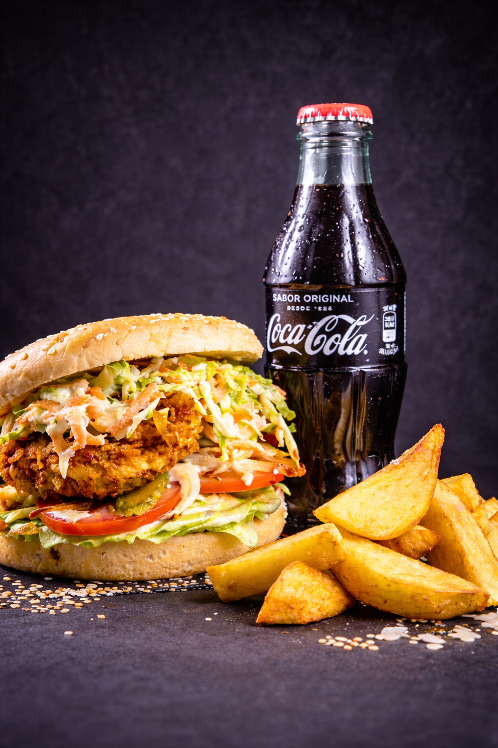 Hamburguesa de pollo crujiente con pan de sésamo, lechuga, tomate, pepinillos y patatas rústicas.