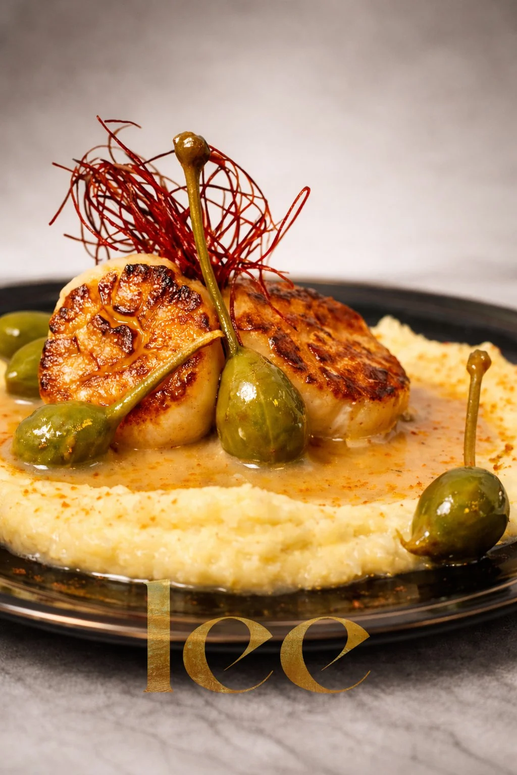 Vieiras selladas con puré de chirivía y ajo confitado, plato de alta cocina creado por un chef profesional en el Algarve, Portugal.