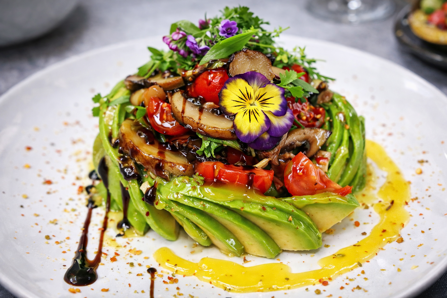 Ensalada vegetariana de aguacate laminado con champiñones salteados y tomates cherry