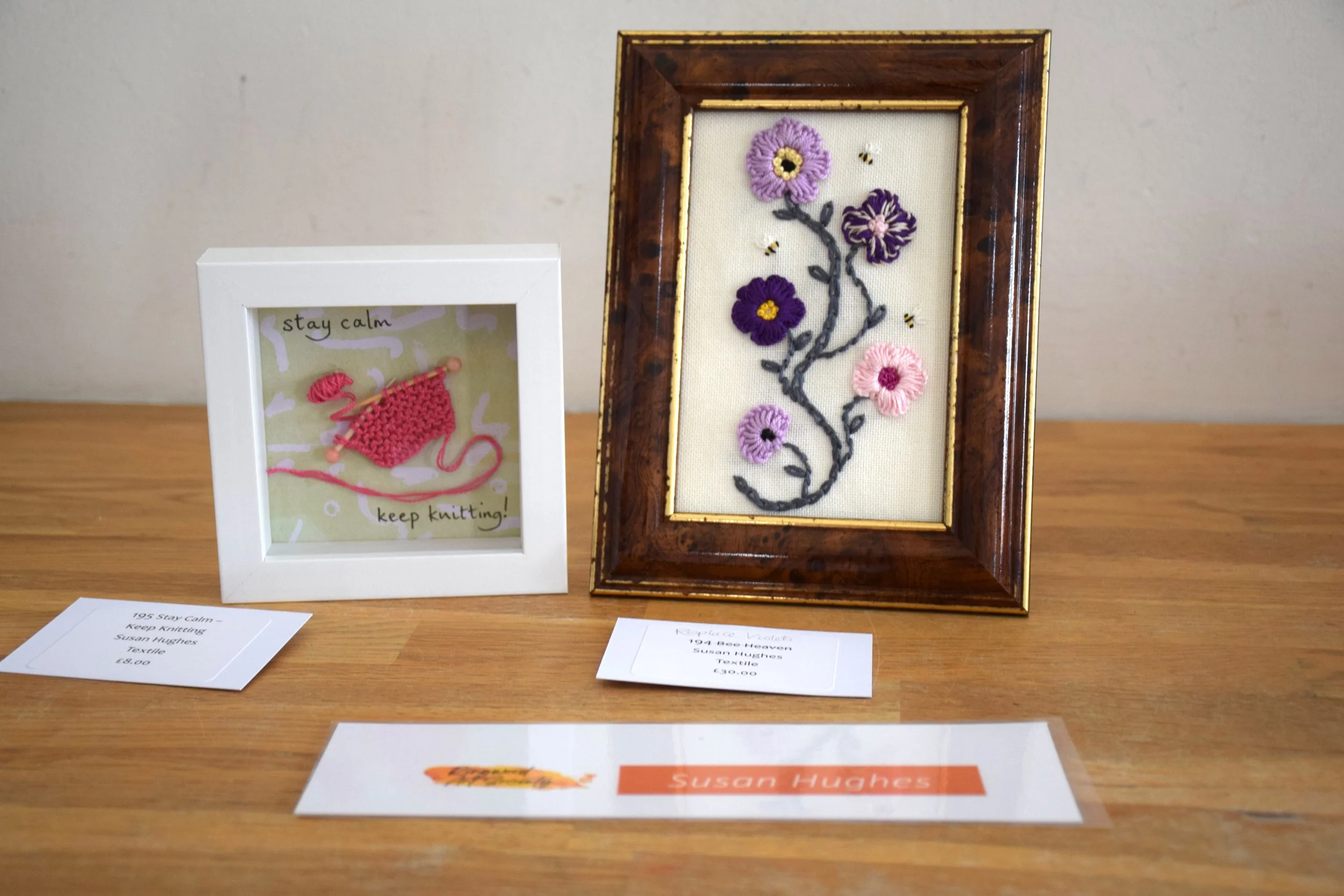 "Keep calm, keep knitting" and "Flower Embroidery" by Sue Hughes