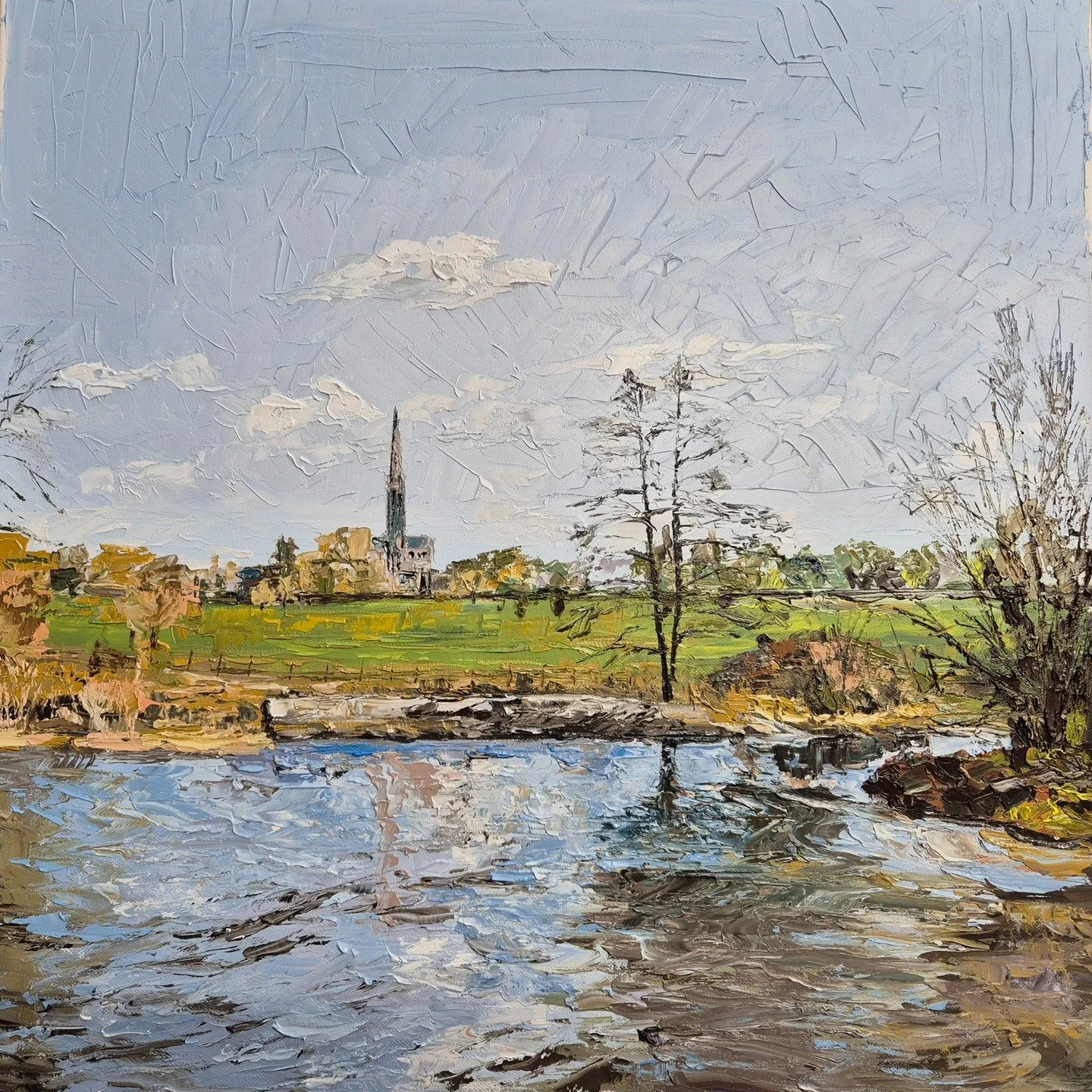 "Salisbury Cathedral across the Meadows" 24" x 24" oil of canvas by Andy Redwood