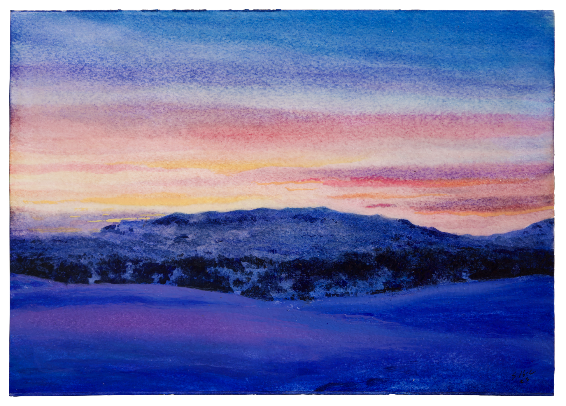 A gouache painting of a magical winter landscape featuring a blue distant mountain and a colorful dreamy sky. Watercolor and gouache landscape painting. 
