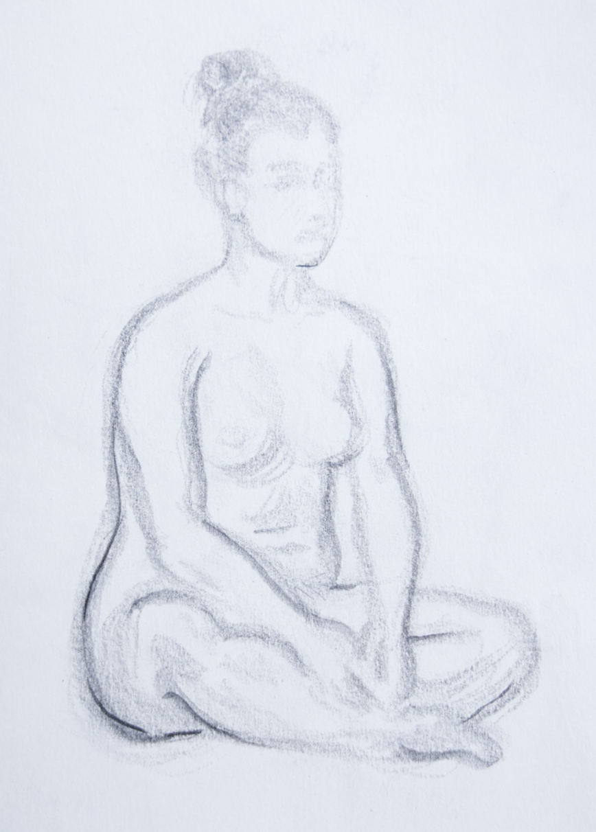 a still life drawing of a sitting nude woman. The drawing has a light airy  touch contrasting deliberate hard lines
