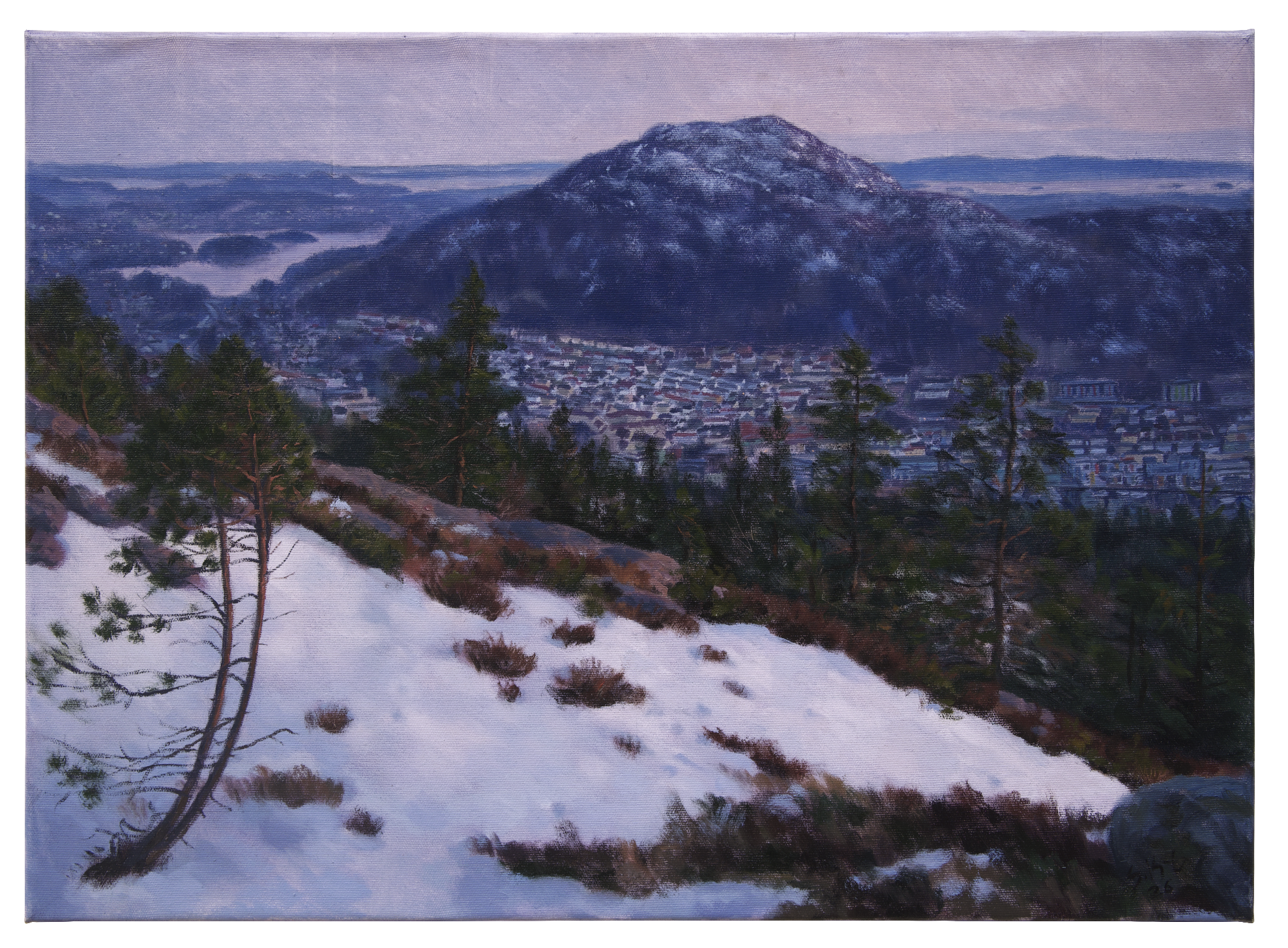 This oil painting portrays a quiet winter landscape overlooking a town surrounded by forests and mountains. Snow-covered ground and sparse pine trees frame the foreground, leading the eye toward the distant city and the large mountain rising beyond i