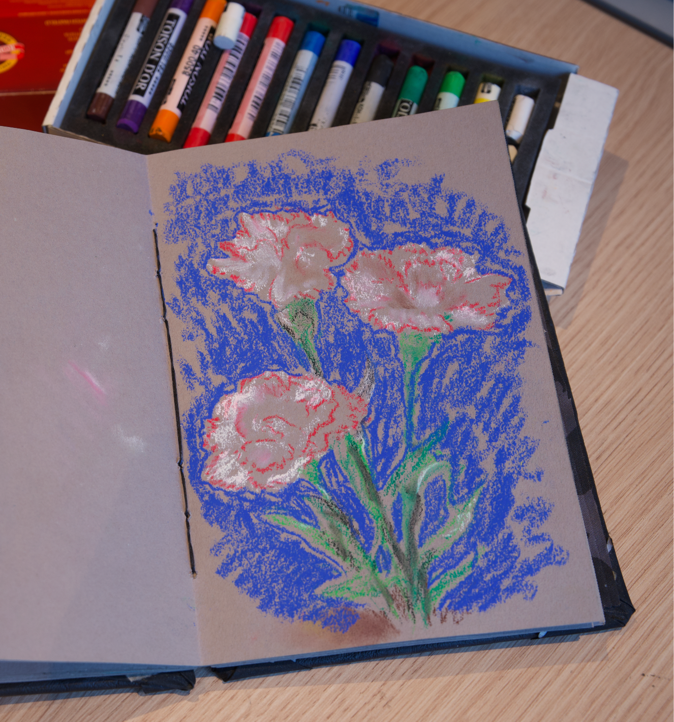 a rough and stylistic soft pastel sketch of three white and pink carnations. pastel drawing floral