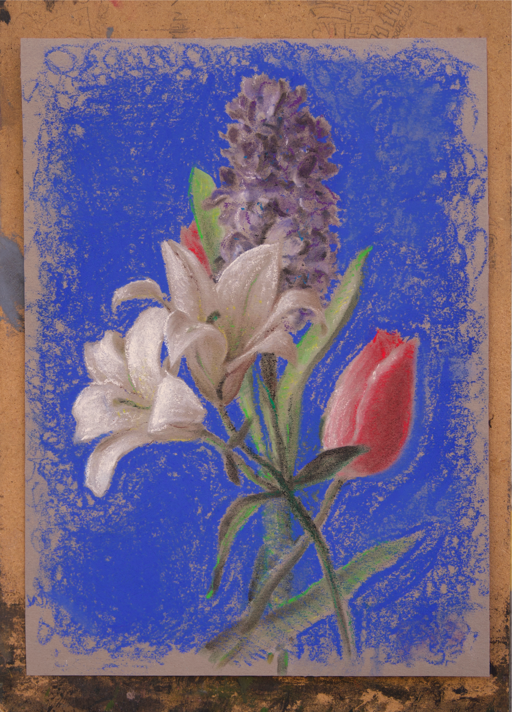 This soft pastel drawing presents a botanical flower study featuring lilies, a tulip bud, and a cluster of purple hyacinth. The composition contrasts delicate floral forms with a bold blue background, emphasizing color relationships and painterly tex