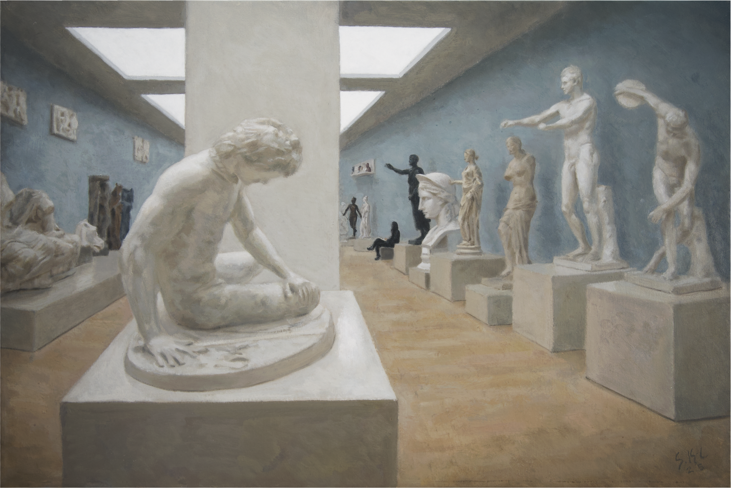A metamodern oilpainting of an interior of a gallery museum. A museum gallery with classical sculptures on pedestals, including a copy of the ancient roman marble sculpture called The Dying Galatian - kneeling in the foreground