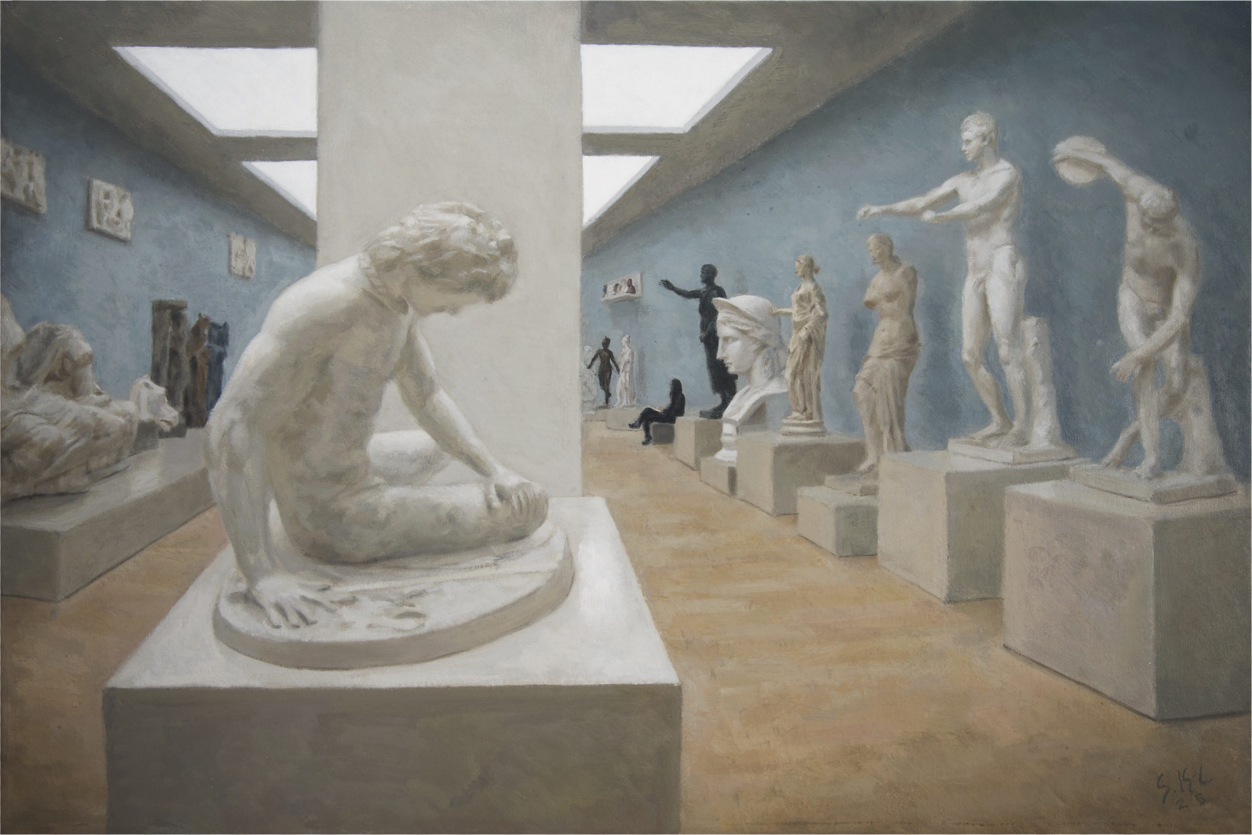 A metamodern oilpainting of an interior of a gallery museum. A museum gallery with classical sculptures on pedestals, including a copy of the ancient roman marble sculpture called The Dying Galatian - kneeling in the foreground, and several other sta