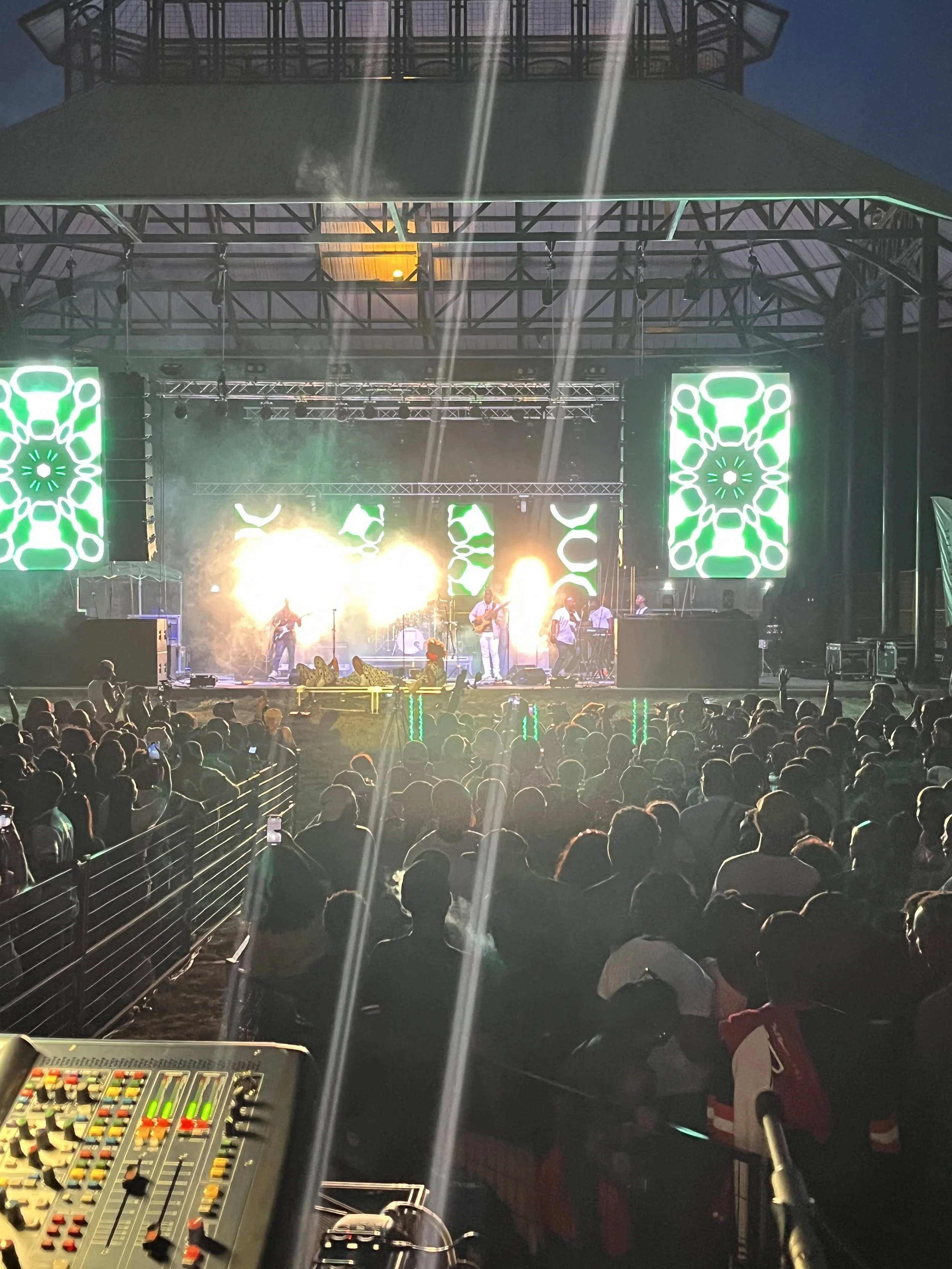 A concert stage with bright lights and green patterned LED screens, a band performing, and a large audience watching at night.