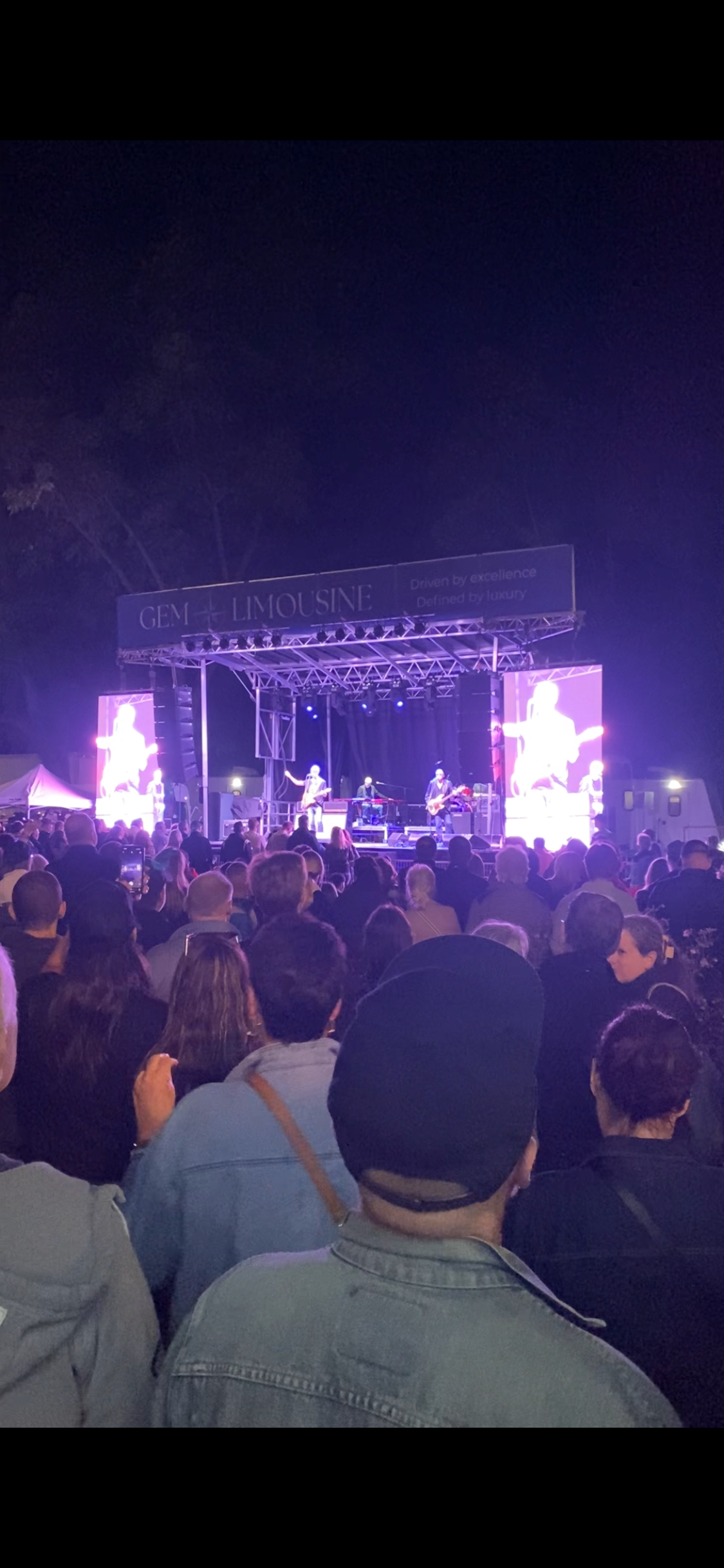 A live outdoor concert at night with a band performing on stage, illuminated by purple and white lights, and a crowd of people watching.