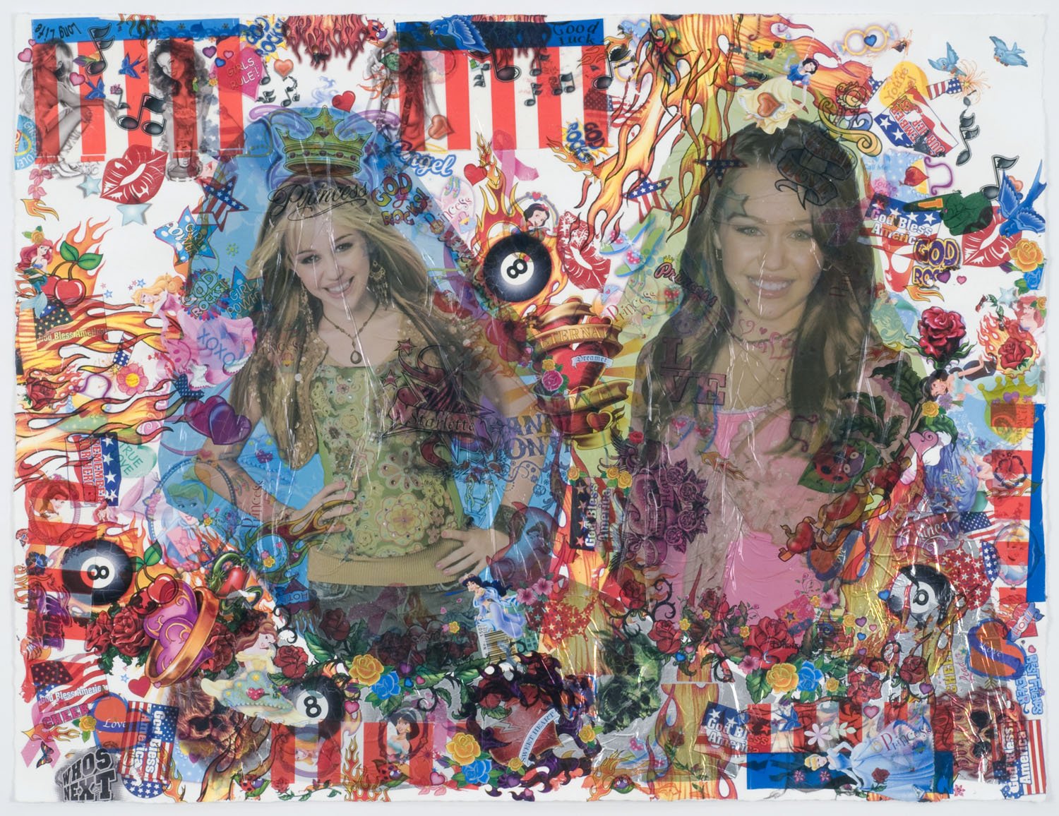 Rising, 2008, Temp. tattoos, decals, transfers,  and Mylar balloons on paper, 19 x 25"