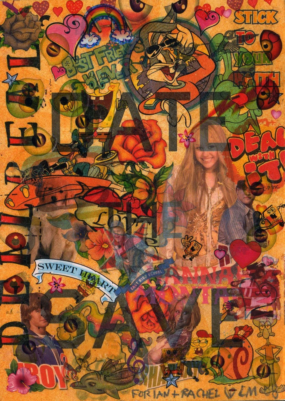 Untitled (Date), 2008, Temp. tattoos, decals, transfers on paper, 7 x 5'  (Side 1)