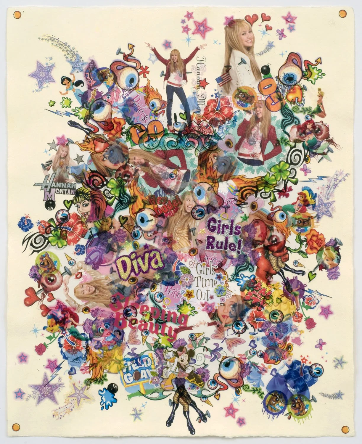 Cruel Rule, 2008, Temp. tattoos, decals, and  tape on paper, 17 x 14"