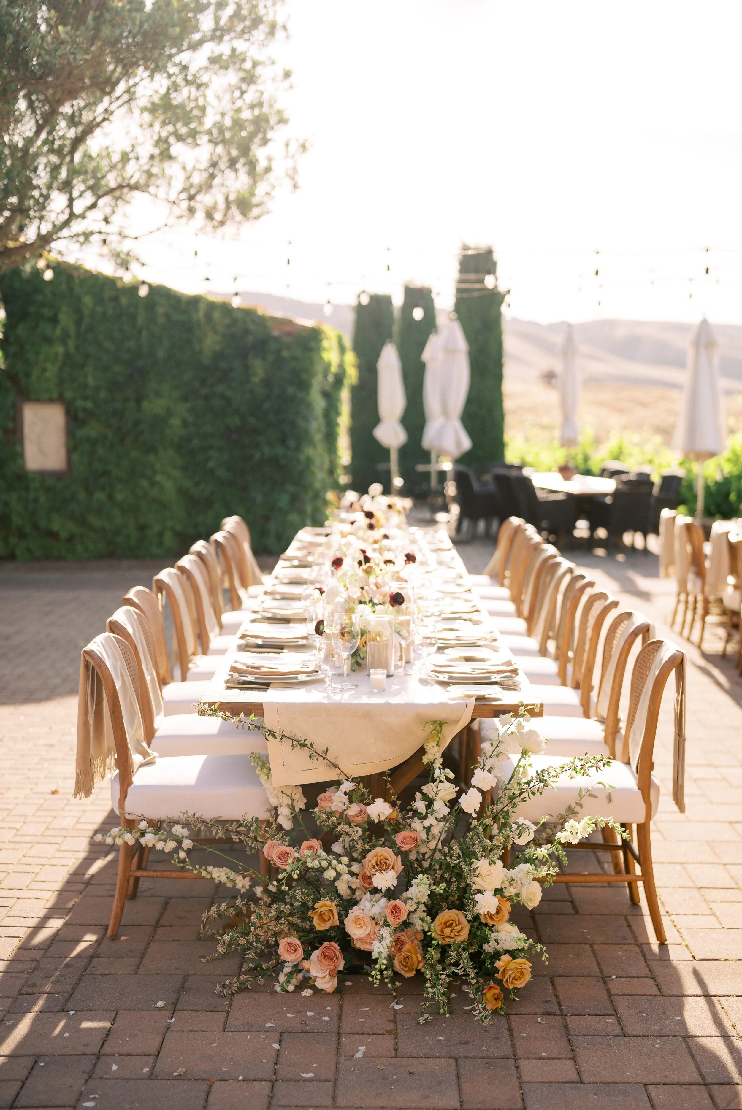 Romantic vineyard wedding at Viansa Winery in Sonoma, California, planned and designed by Plan To Be Wowed. Featuring sunset portraits, elegant vineyard ceremony, al fresco dinner reception, and luxury floral details — the perfect inspiration for a S
