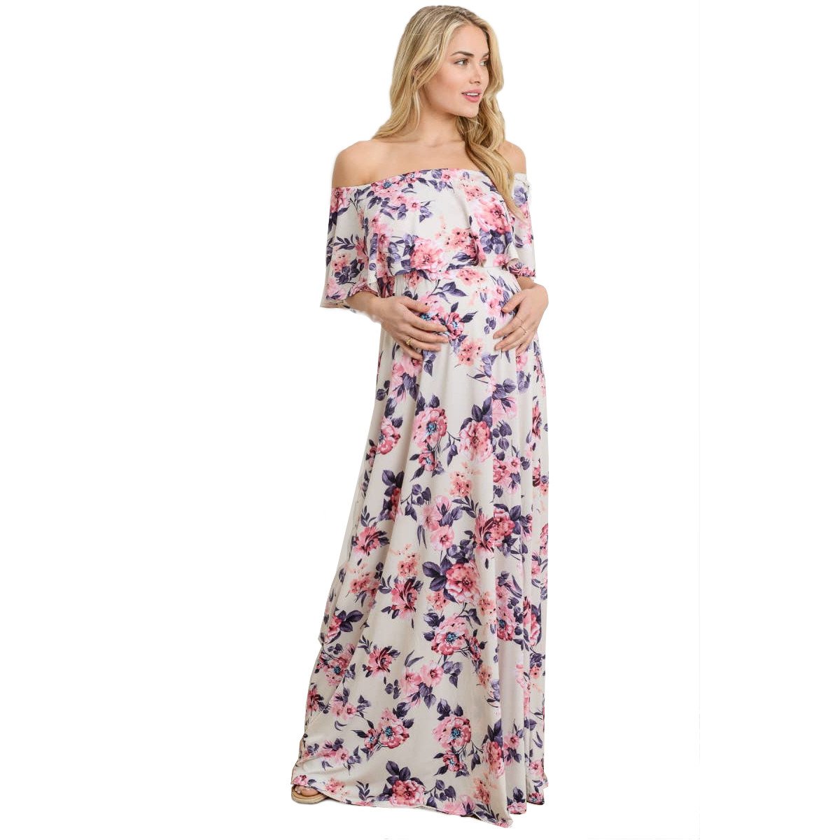 Floral Ruffle Off Shoulder Maternity Maxi Dress Ivory - Hello Miz