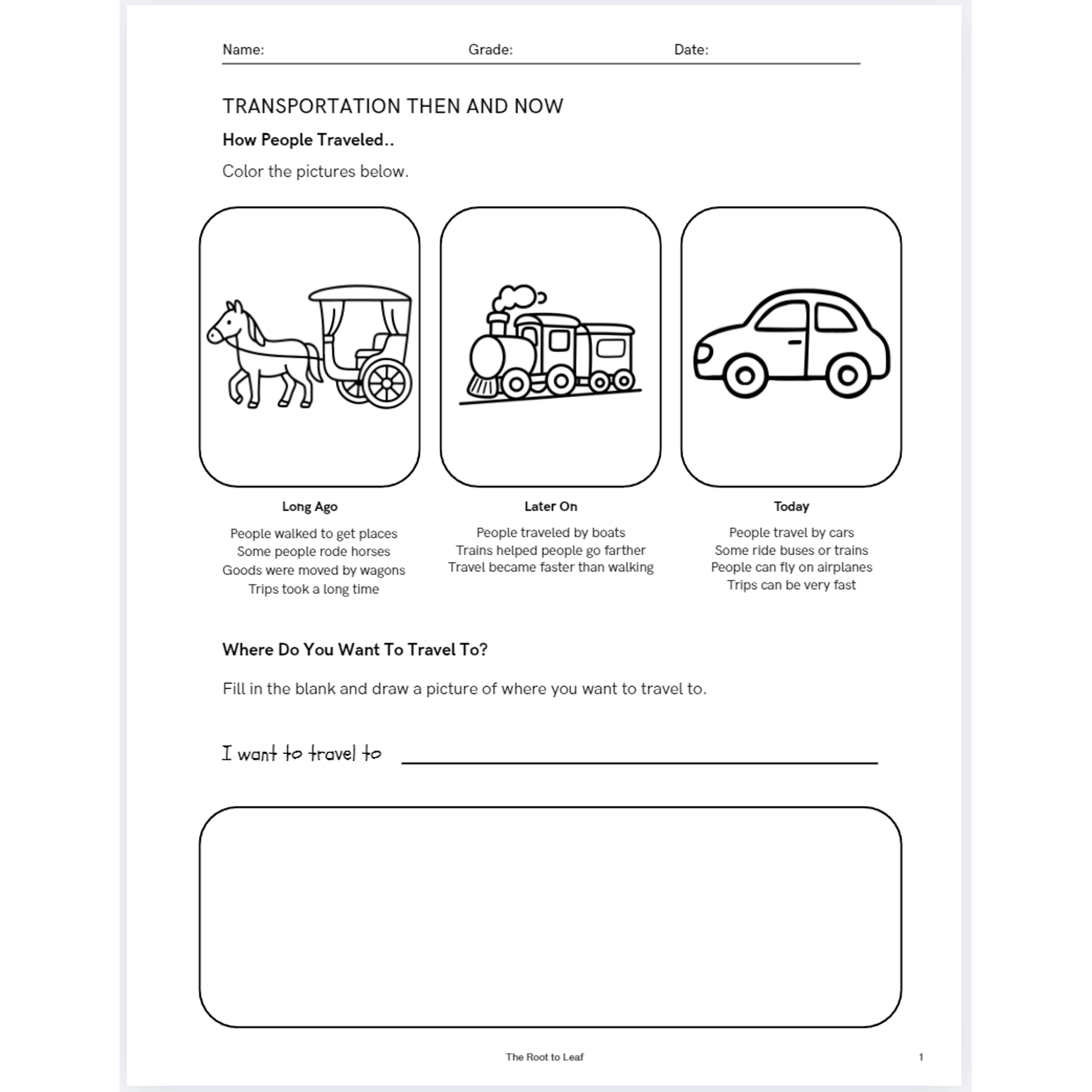 Transportation Then and Now | K–1 History Worksheet | Homeschool Social Studies (PDF)