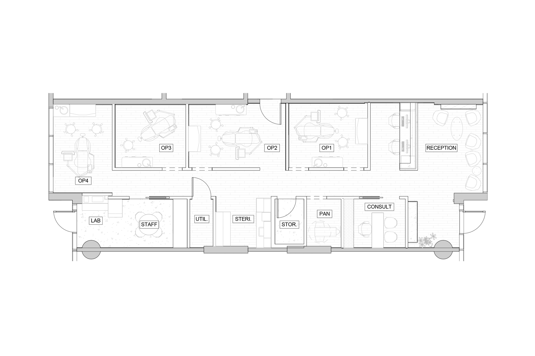 Floor plan of an office building showing a reception area, four private offices labeled OP1 through OP4, a laboratory, staff and utility rooms, storage, pantry, consultation room, and various workspaces with desks and chairs.