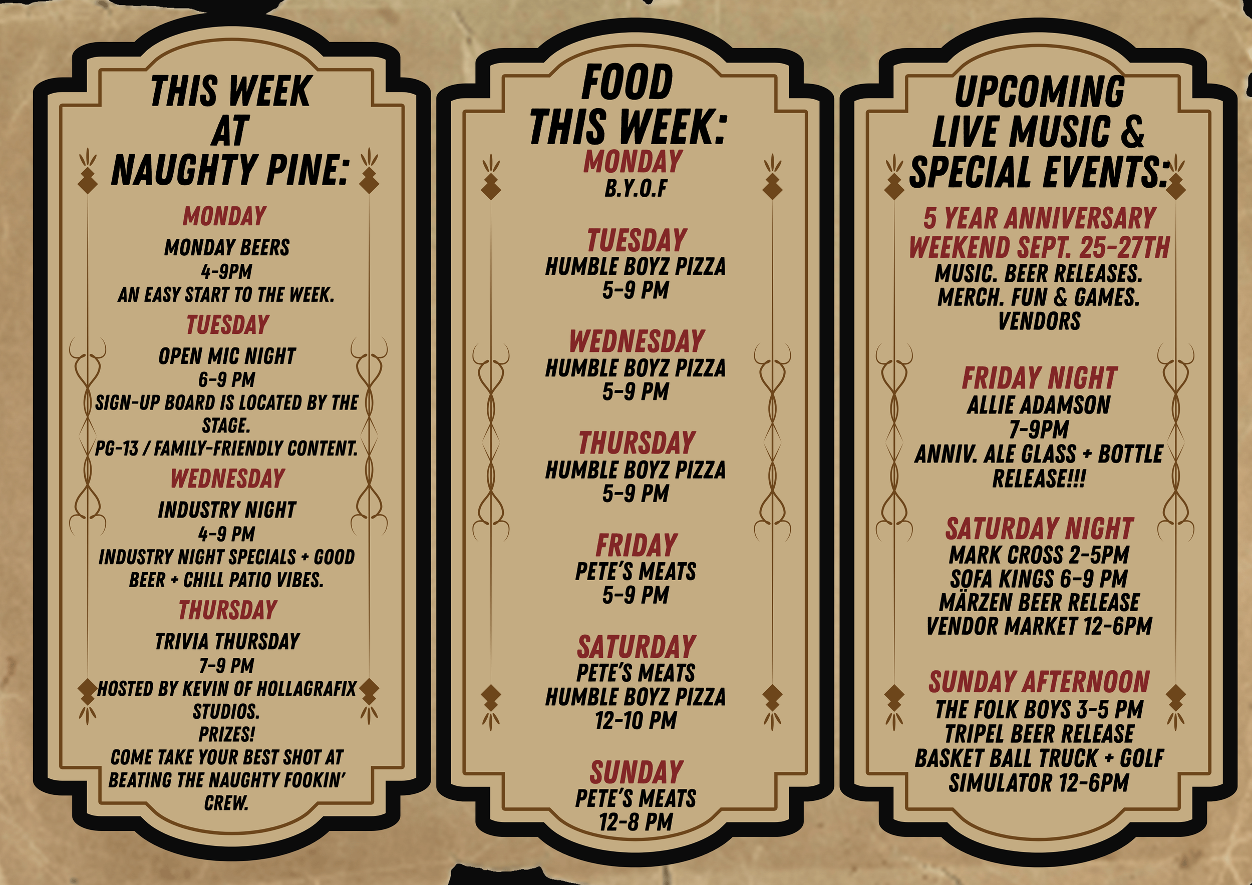 Weekly Event lineup of food and music.