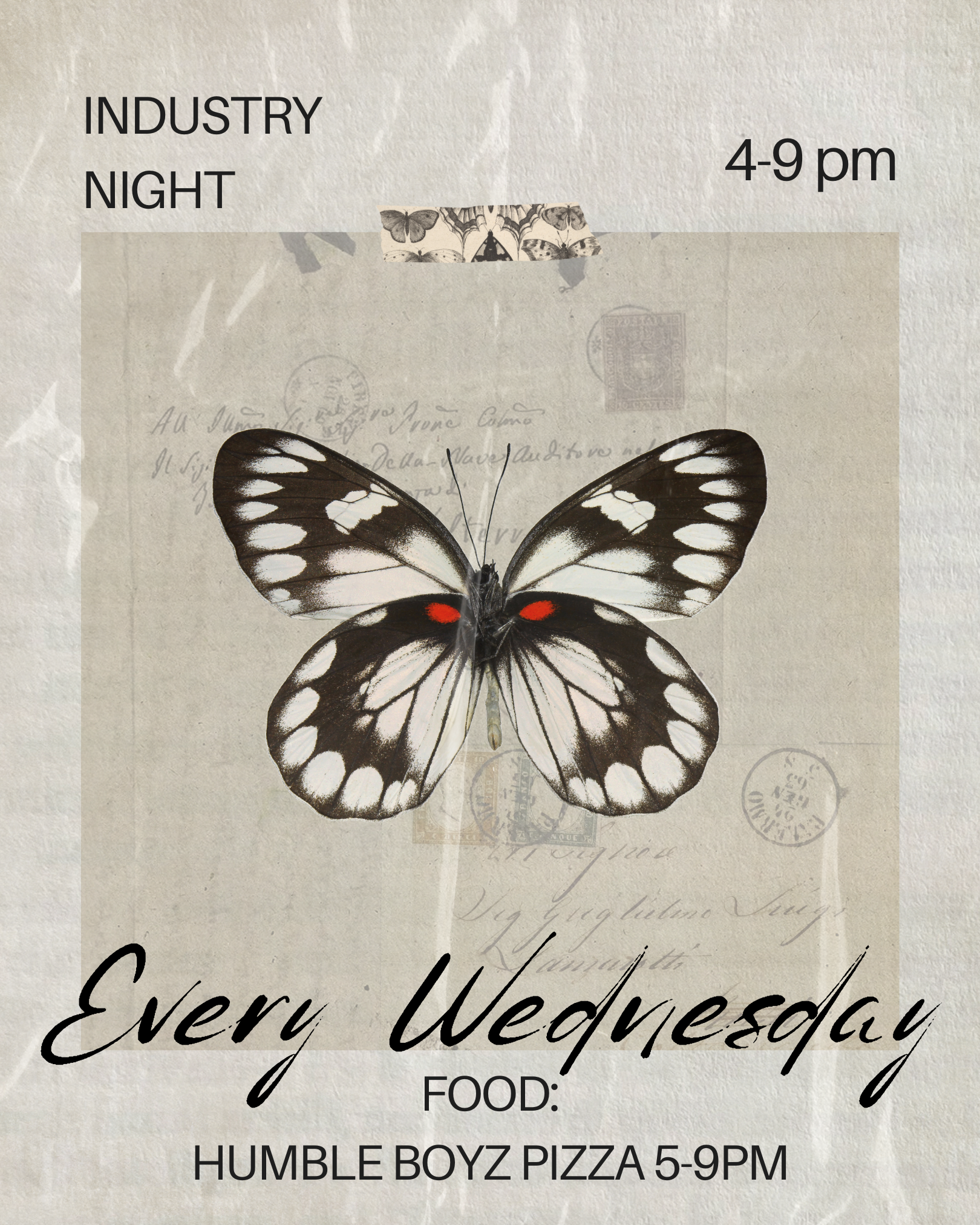 Industry Night 4-9pm and Pizza 5-9pm.