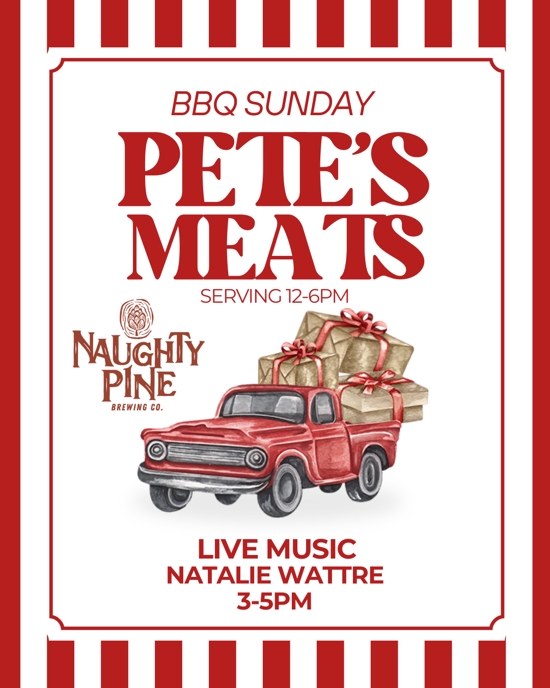 BBQ Sunday 12-6pm and Natalie Wattre 3-5pm.
