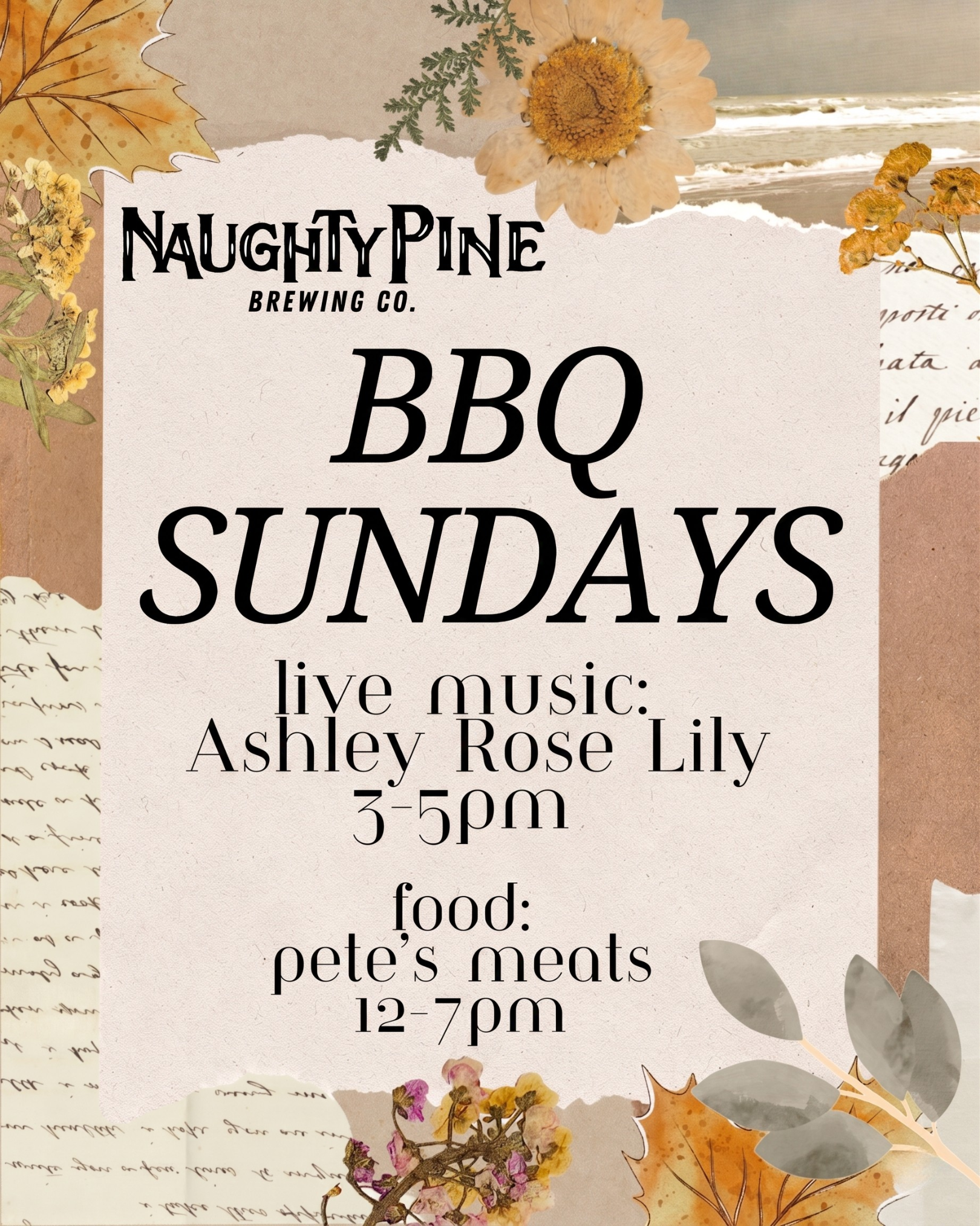 BBQ 12-7pm. Ashley Rose Lily 3-5pm.