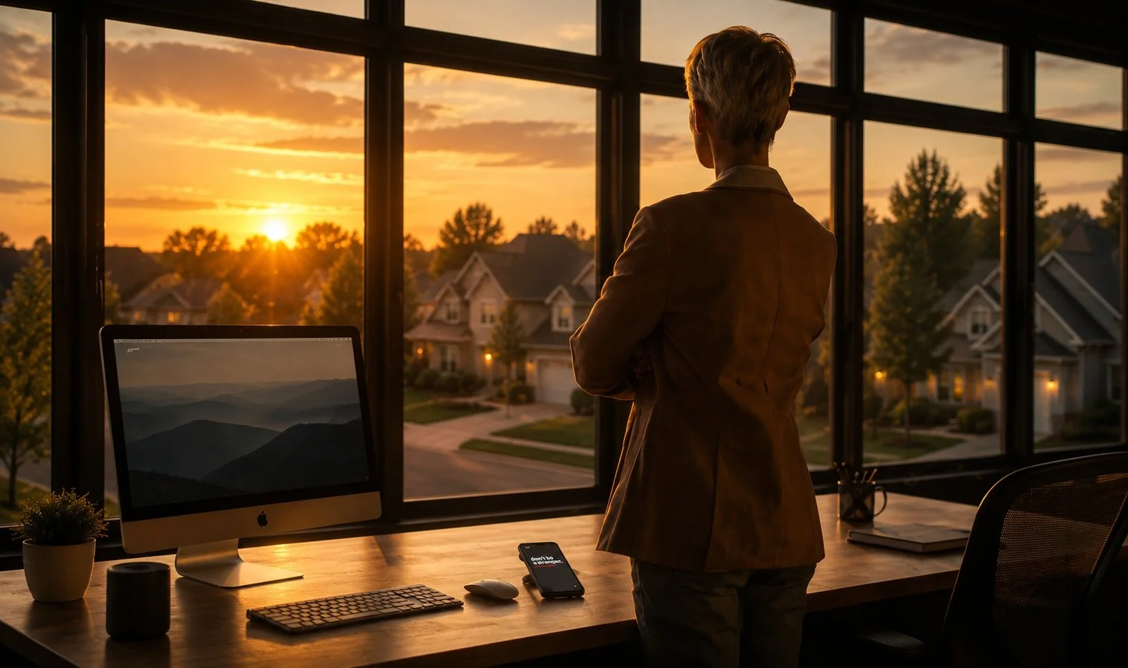 A woman in her home office has a stable internet connection on her computer and cell phone thanks to her professionally wired ethernet