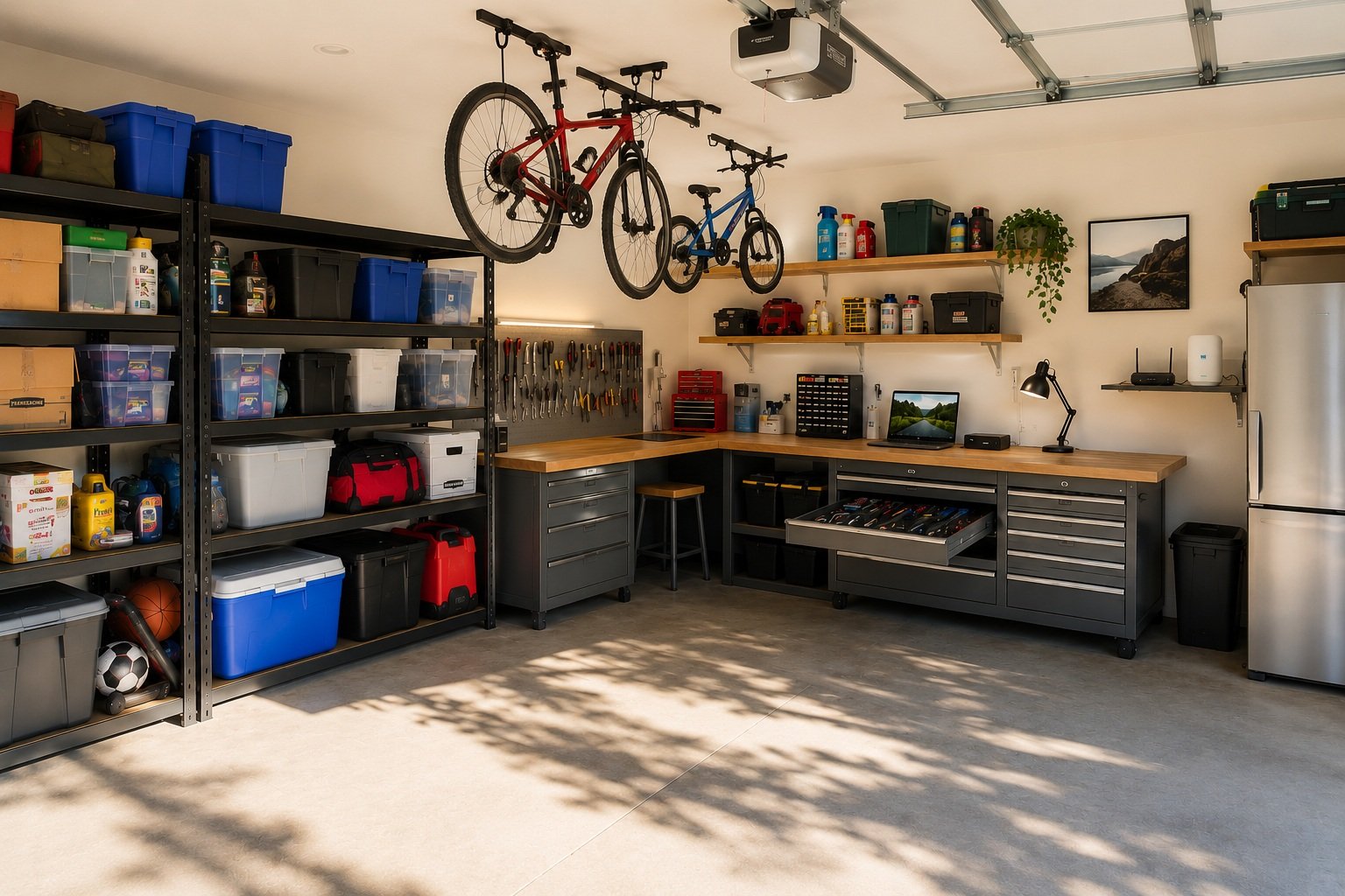 Organized garage with black metal shelving holding storage bins, sports equipment, and tools. Two bicycles hanging from the ceiling, workbench with drawers, shelves with cleaning supplies, a framed photo, and a refrigerator.