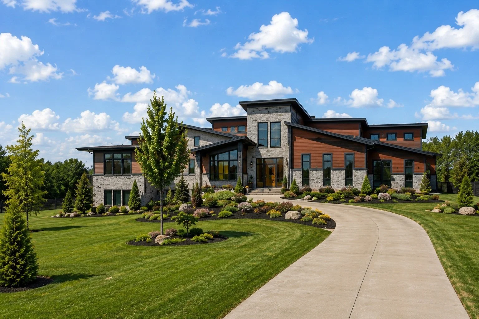 Modern house with a landscaped front yard, stone and wood exterior, and a curved driveway under a partly cloudy sky.