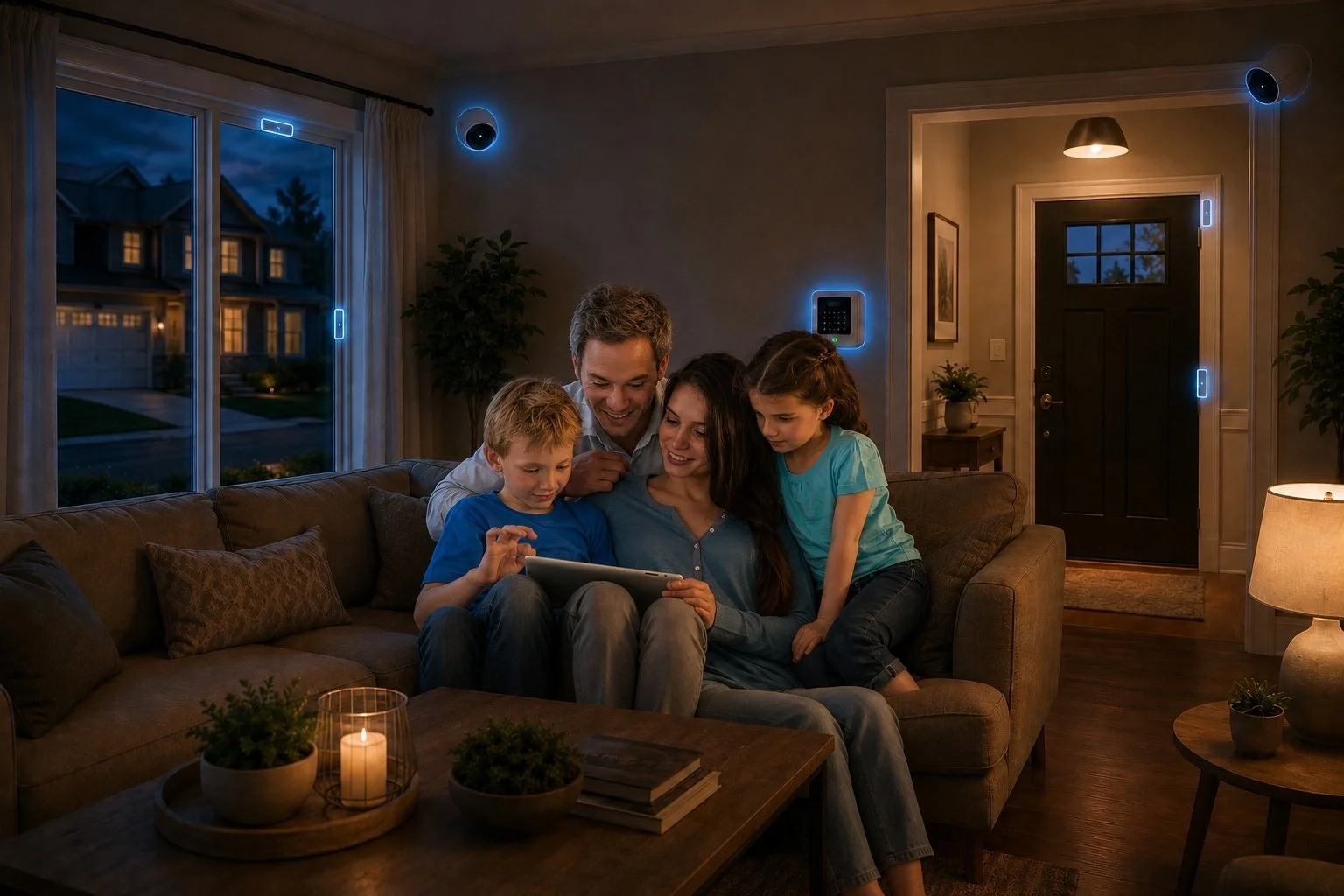 Family of four sitting on a couch in their living room, looking at a tablet together during evening, with ambient lighting and a candle on the coffee table.