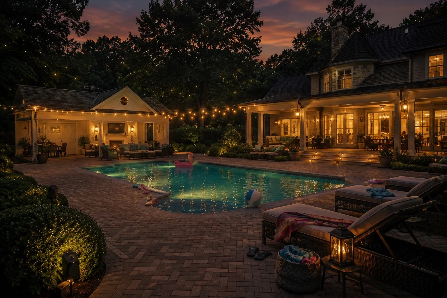 A backyard with a lit pool at sunset, surrounded by outdoor furniture, string lights, and a large house with lit windows.