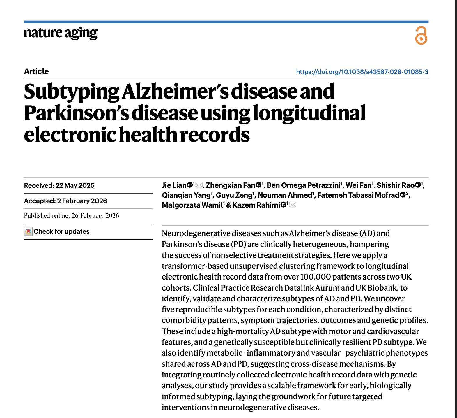 A new paper on ageing, authored by Dr Wamil and the team, has been published in the journal Nature Ageing (Copy)