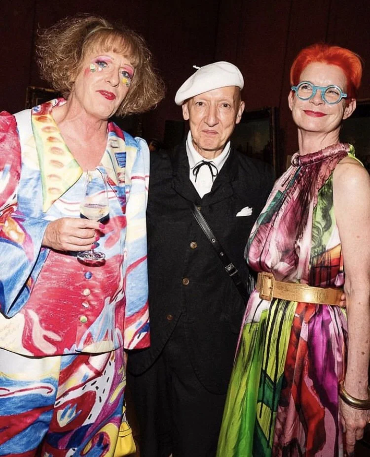 Grayson Perry with Stephen Jones and Sandy Powell, attending the National Gallery’s Summer Party wearing my bespoke trouser suit.