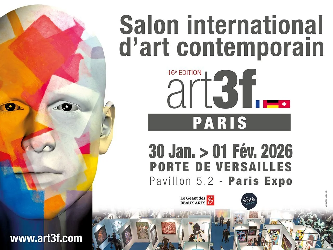 Affiche du 16e Salon international d'art contemporain art3f à Paris, du 30 janvier au 1er février 2026 au Porte de Versailles, Pavillon 5.2.