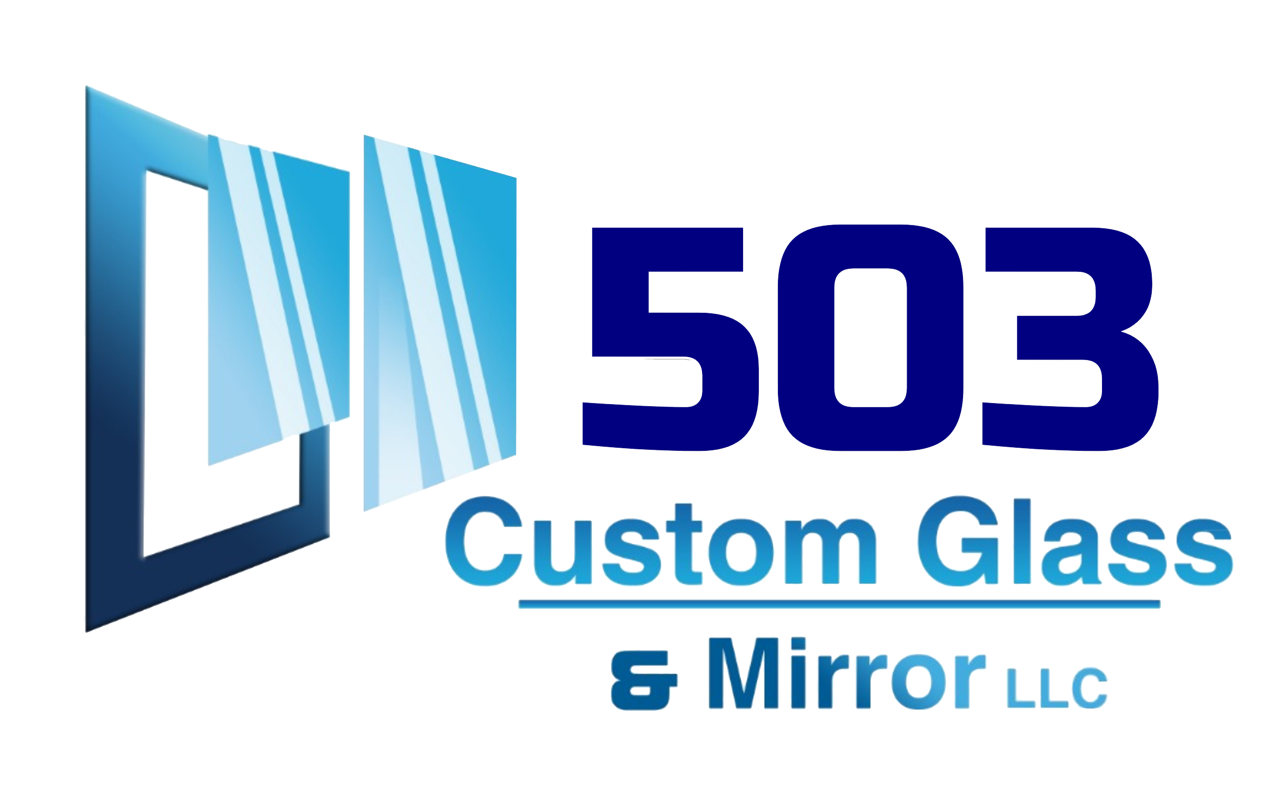 Logo for 503 Custom Glass & Mirror LLC featuring stylized glass panels and text in blue and black