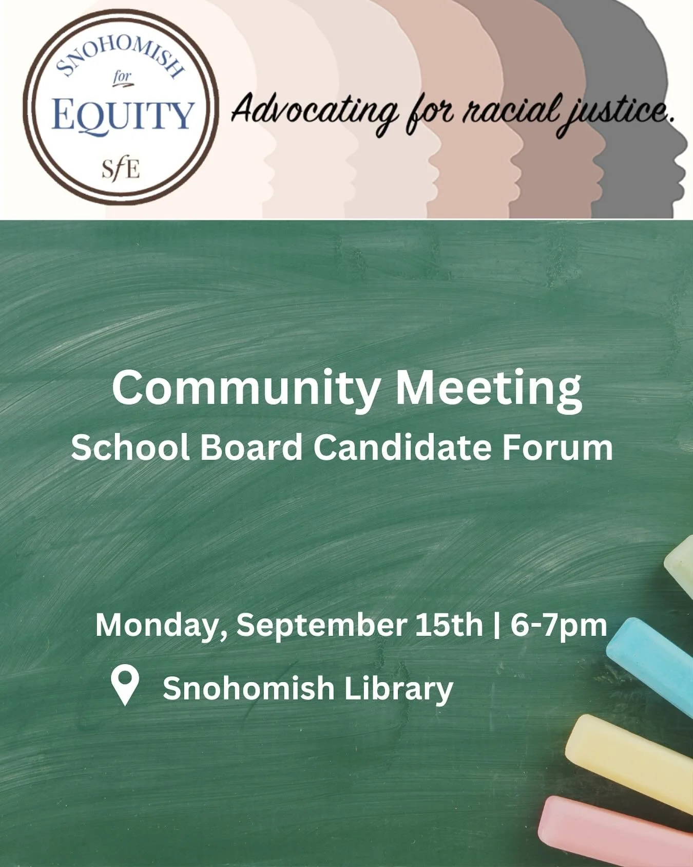 Join us on Monday! 
And bring a friend! 

Are you curious about the candidates who are running for a school board position in the Snohomish School District this fall? 

We invited the candidates to answer questions and we invite you to join us.