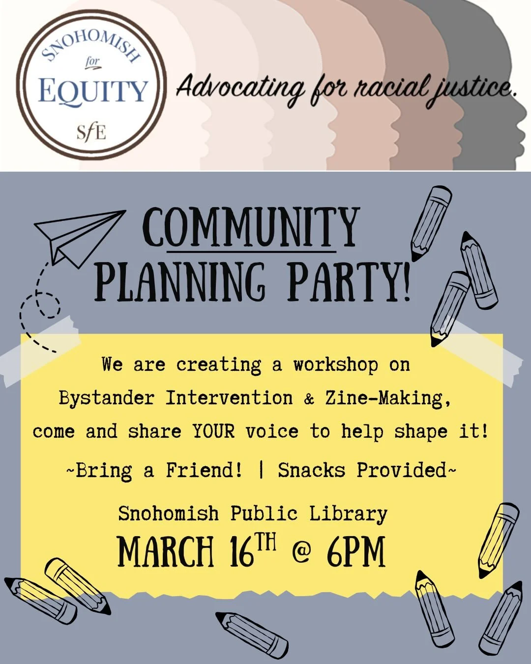 You are invited and we are excited! Join us for our Community Planning Party! We are building a workshop on Bystander Intervention and Zine Making and we want YOU to be a part of it! ✏️🗒️🥳 Its vital to have the input of our community to support the