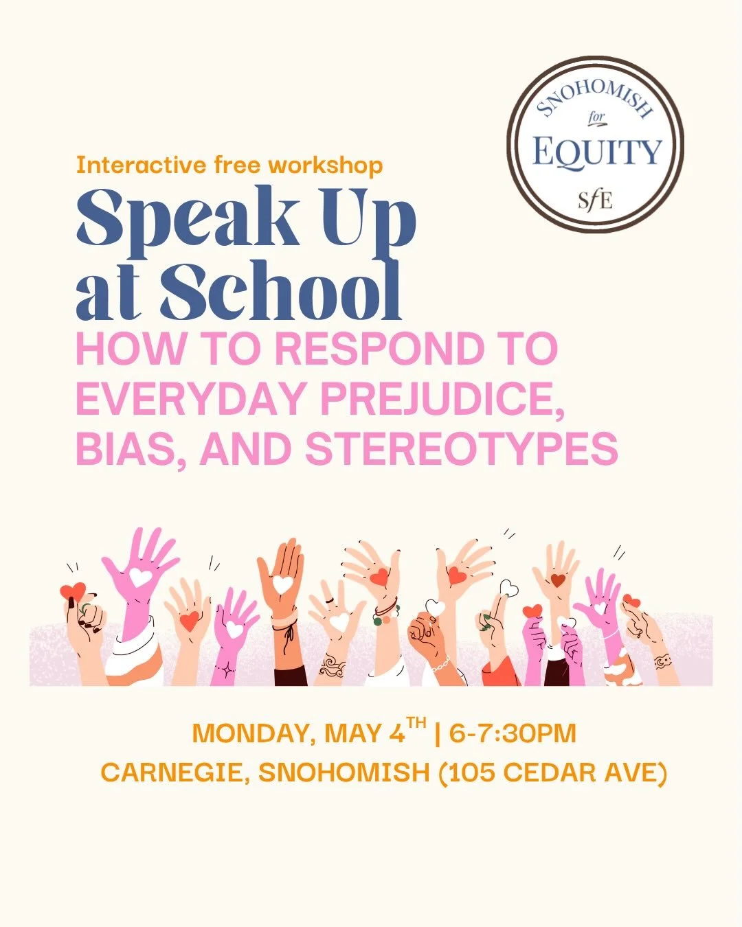 ✨ Your words have power. Learn how to use them. ✨ 
 
 Join us for Speak Up at School &mdash; a FREE workshop on standing up to bias and prejudice.

Students teachers, community members friends and family - all are welcome!
Safer schools start with a 
