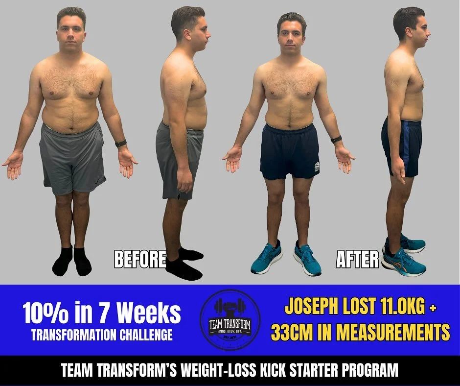 🔵⚪️⚫️ Team Transform&rsquo;s Weight-Loss Kick Starter Program 🔥🔥🔥

⭐️Joey lost 11kg and 33cm in his first 7 weeks ⭐️

- The Objective: Lose 10% of your body weight in 7 weeks. 🧐
- The Aim: 8.6kg 💪
- The Result: 11kg ✅
- The Reward: The total 7 