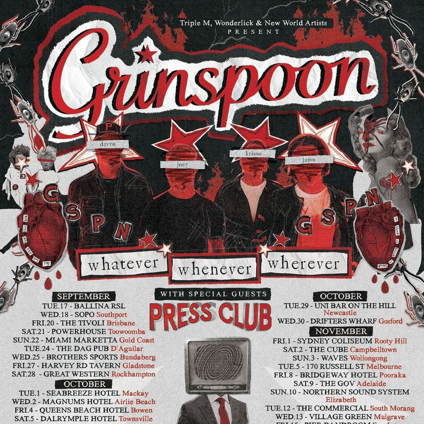 JUST ANNOUNCED - GRINSPOON!   &lsquo;Whatever, Whenever, Wherever&rsquo; AUSTRALIAN TOUR 2024

With 13 ARIA Award nominations to their name; over half a million records sold; countless Platinum accolades and a live reputation that is untouchable, Gri