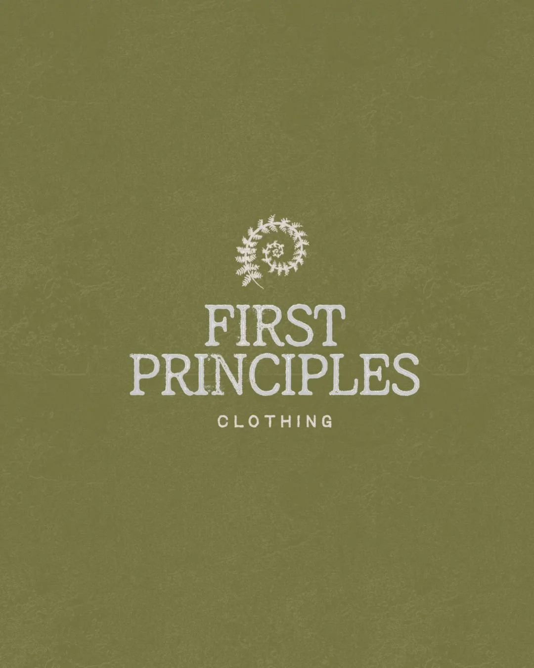 Olive green packaging box with white text reading "First Principles Clothing" and a fern-like logo above the text.