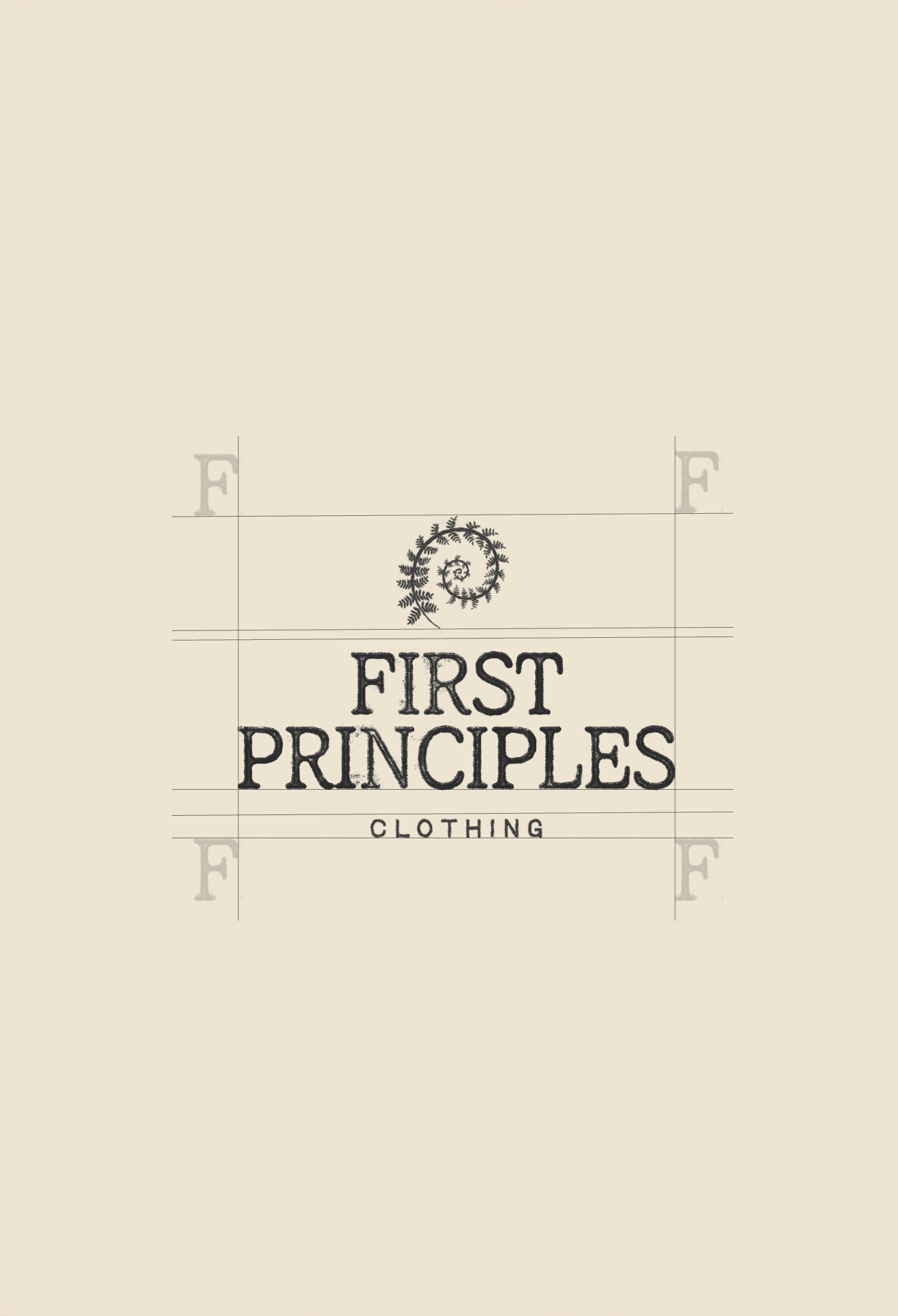 Logo for First Principles Clothing with a stylized fern and decorative elements.