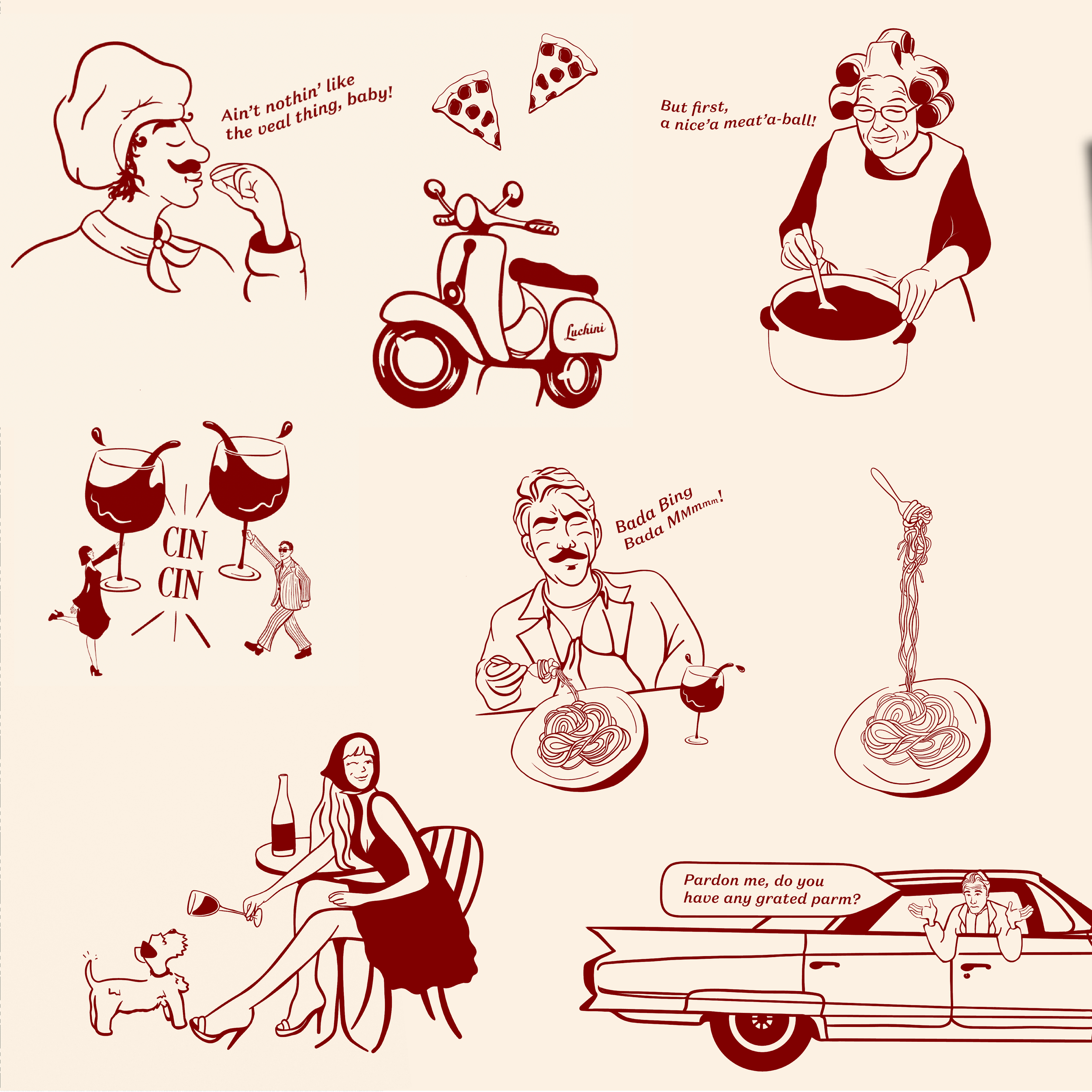 A series of vintage-style line drawings depicting people enjoying food and drink, including a woman tasting wine, a scooter, a woman stirring a pot, a man with spaghetti and wine, a woman with a cat, and a man in a car asking about a parsley garnish.