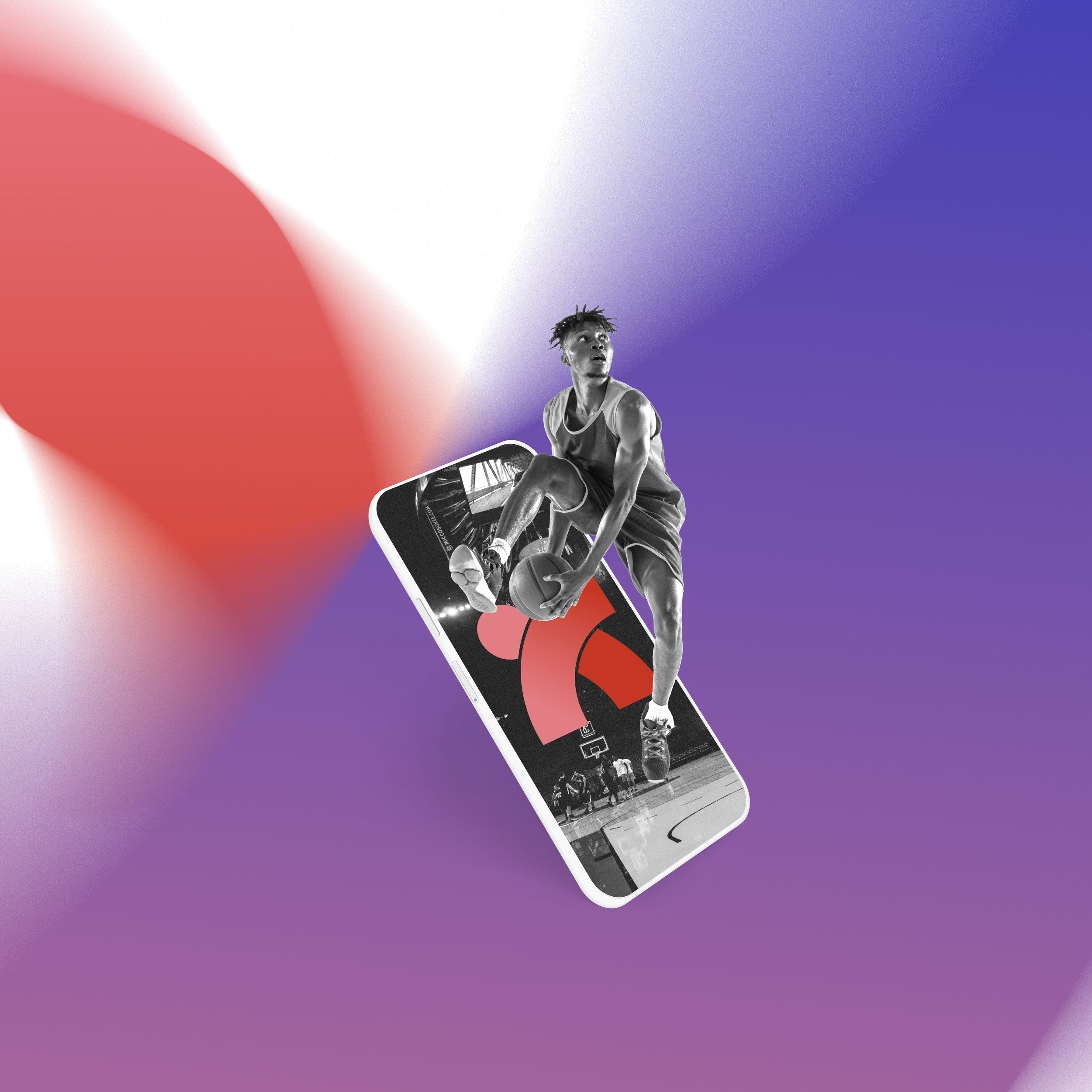 A basketball player jumping and holding a basketball, emerging from a smartphone screen, with a colorful abstract background.