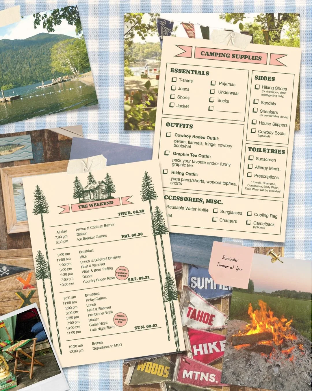 Camping trip schedule and photos of outdoor lake, camping supplies list, and a campfire.