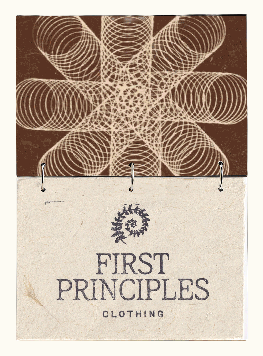A bookmark with the text 'First Principles Clothing' and a decorative logo, hanging from a notebook with geometric circular patterns