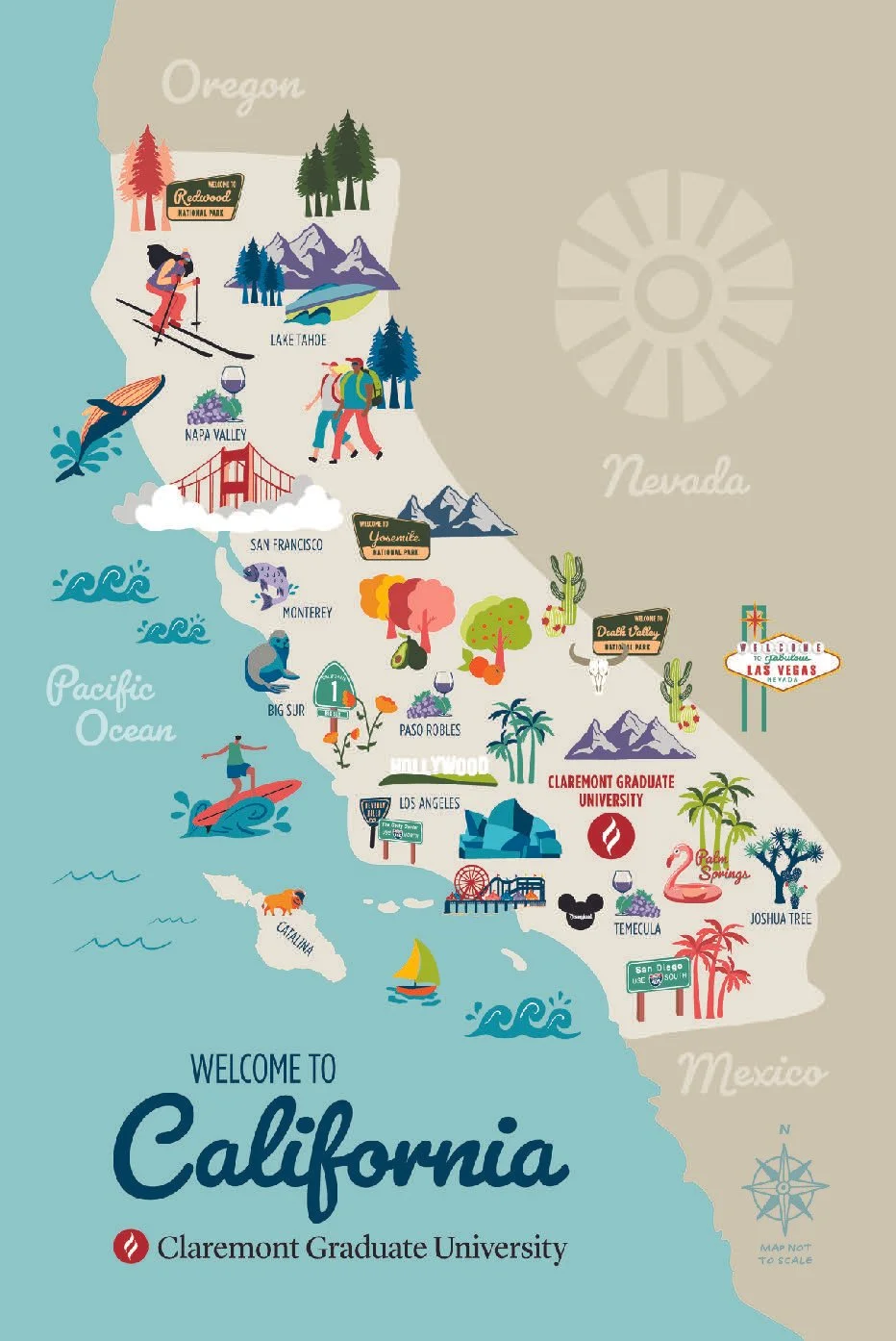 A colorful illustrated map of California showing popular landmarks, cities, and attractions, including Napa Valley, Lake Tahoe, San Francisco, Los Angeles, and San Diego, with icons representing activities like skiing, surfing, and vineyards.