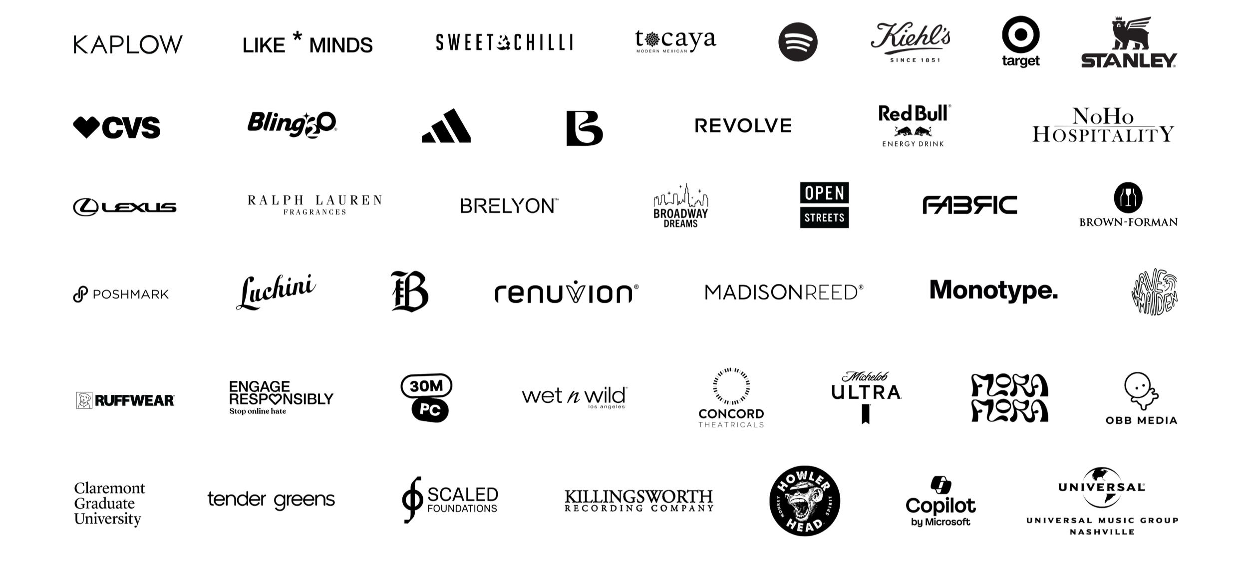 A collage of various brand logos, including Spotify, Kiehl's, Stanley, Red Bull, Breylon, Ruffwear, PC, Howler Head, and OBS Media, arranged in a scattered pattern.